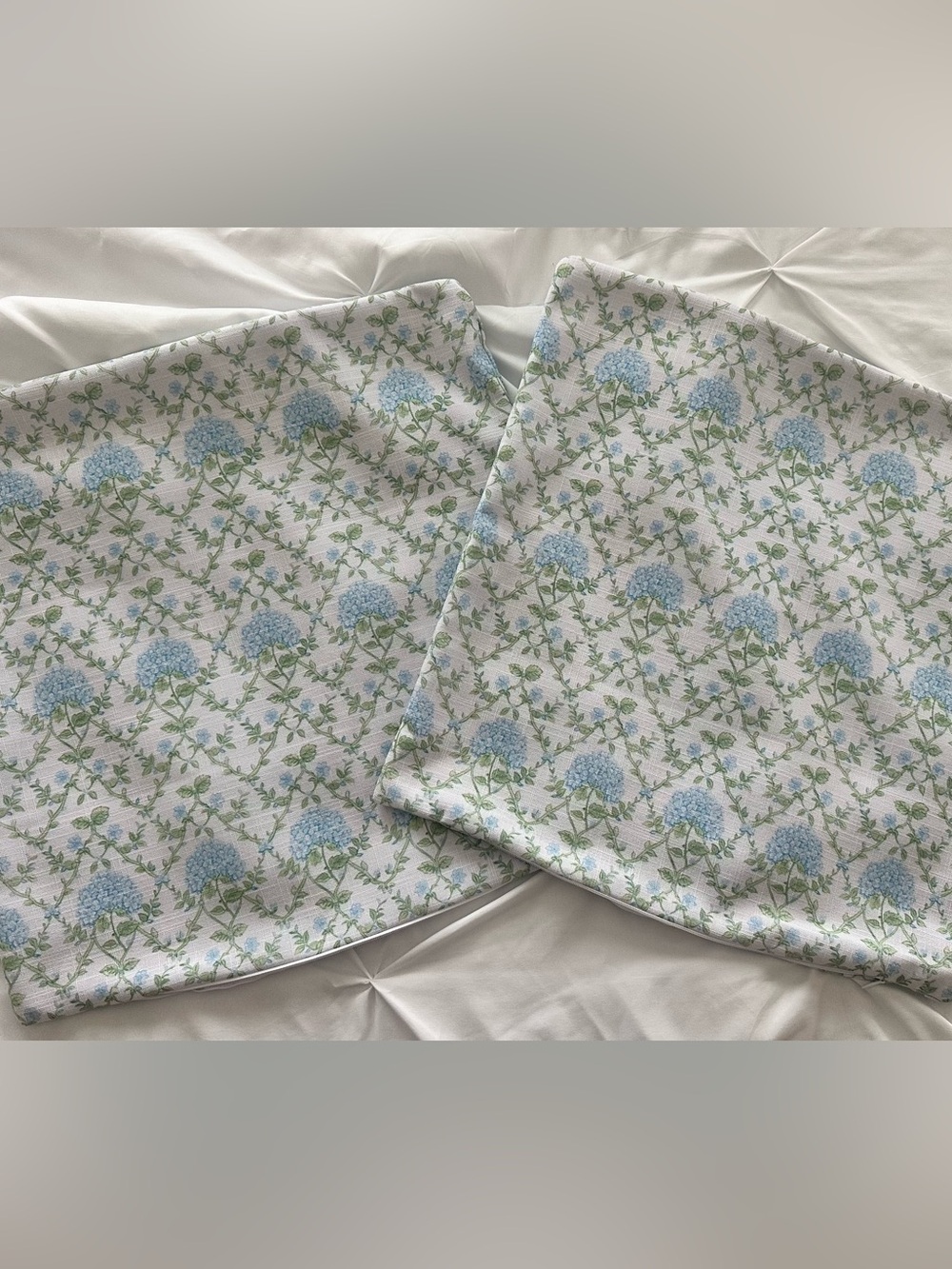 Two Hydrangea Pillow COVERS in Light Blue & Green